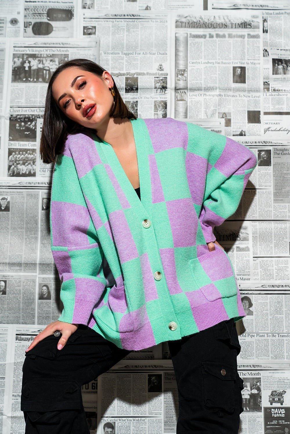 Love You Oversized Checkerboard Cardigan in Lilac + Mint