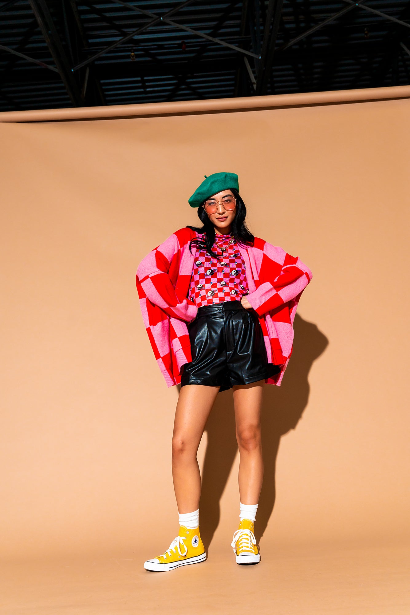 Love You Oversized Checkerboard Cardigan in Red + Pink