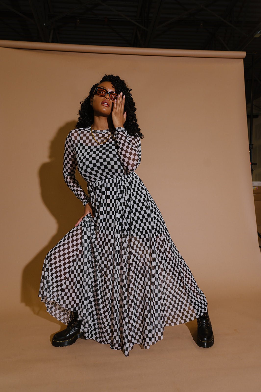 More You Mesh Maxi Dress in Black + White Checkerboard
