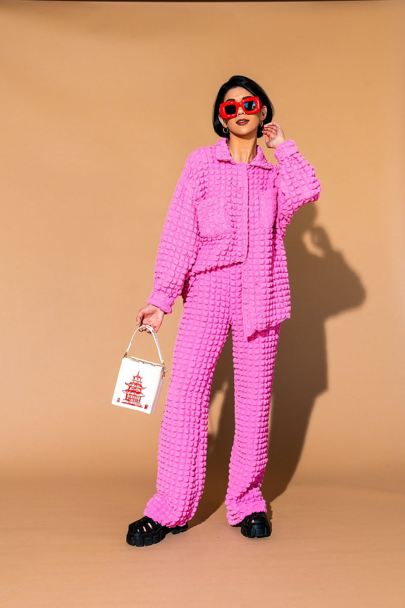 Bubble Gum Pink Textured Pants, Matching Set for Women