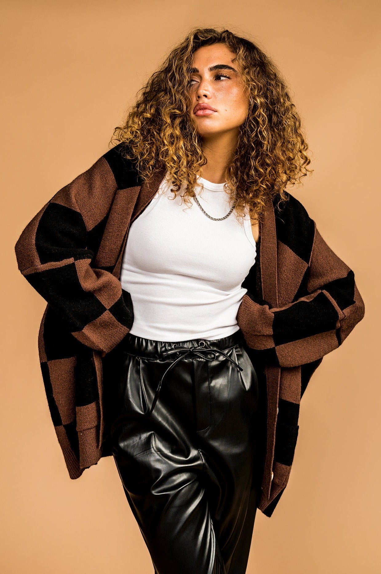 Love You Oversized Checkerboard Cardigan in Mocha + Black