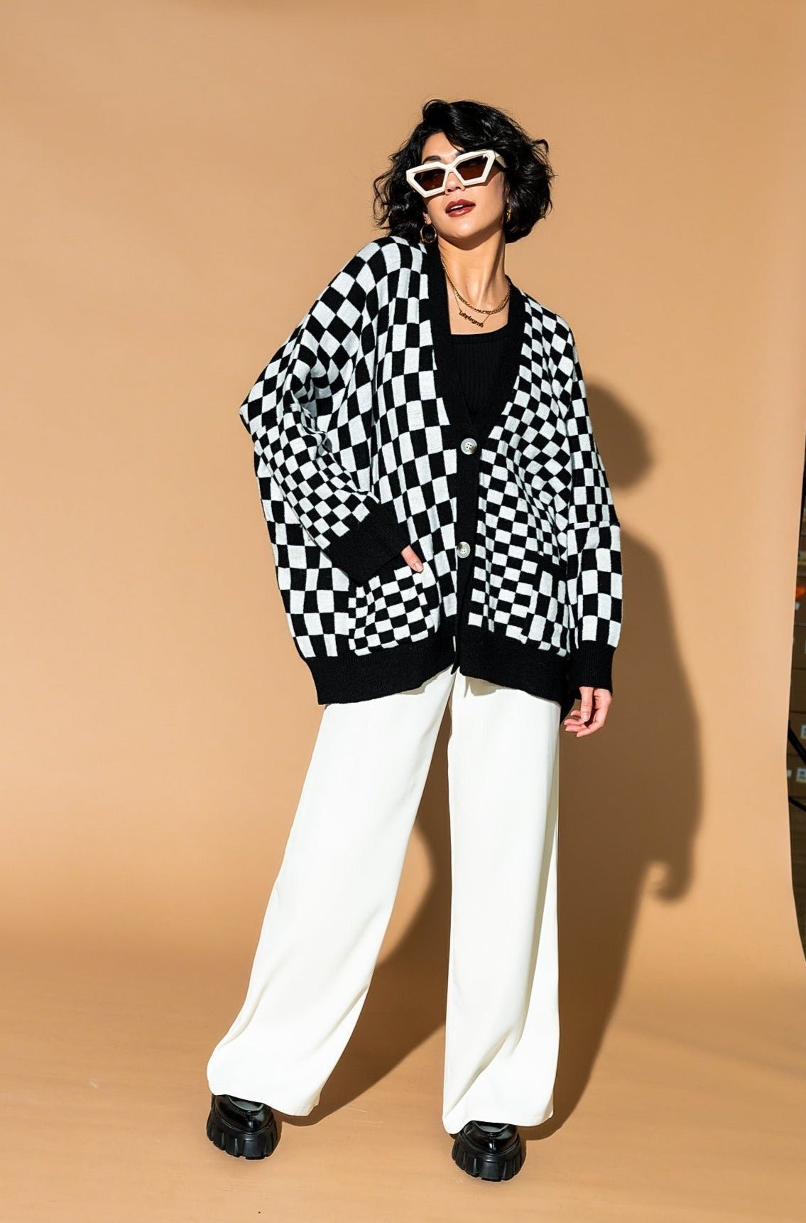 Love You Oversized Cardigan in Mixed Checkerboard