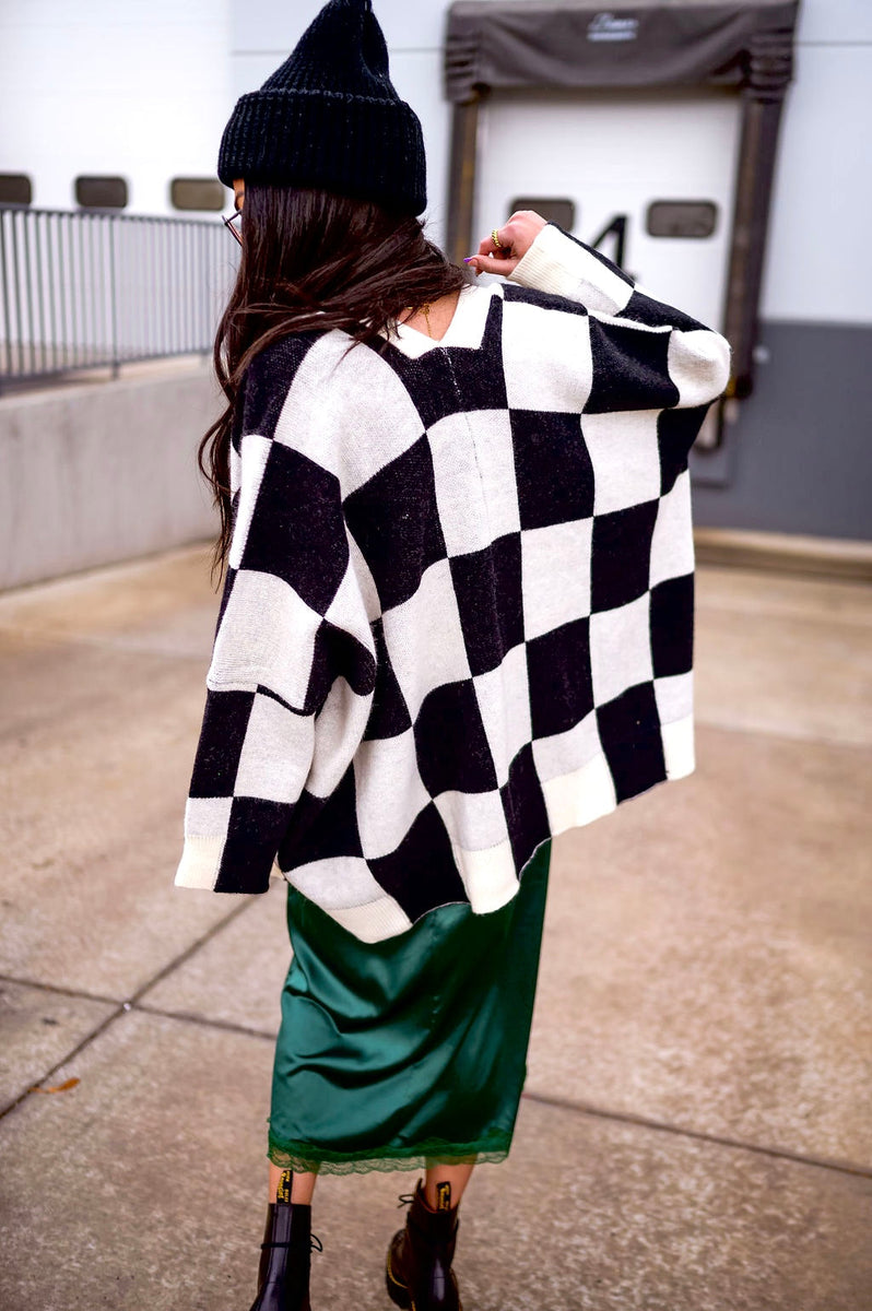 LALA ORIGINAL: Love You Oversized Checkerboard Cardigan in Black + 