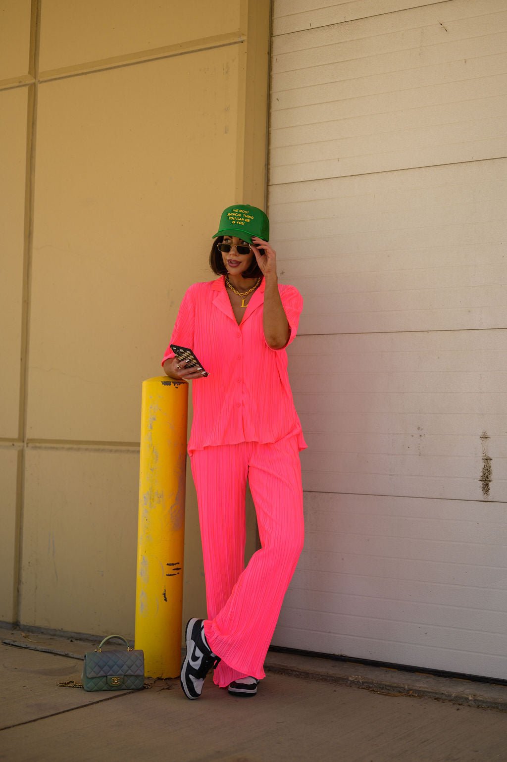 The World is Yours Plissé Set in Electric Pink
