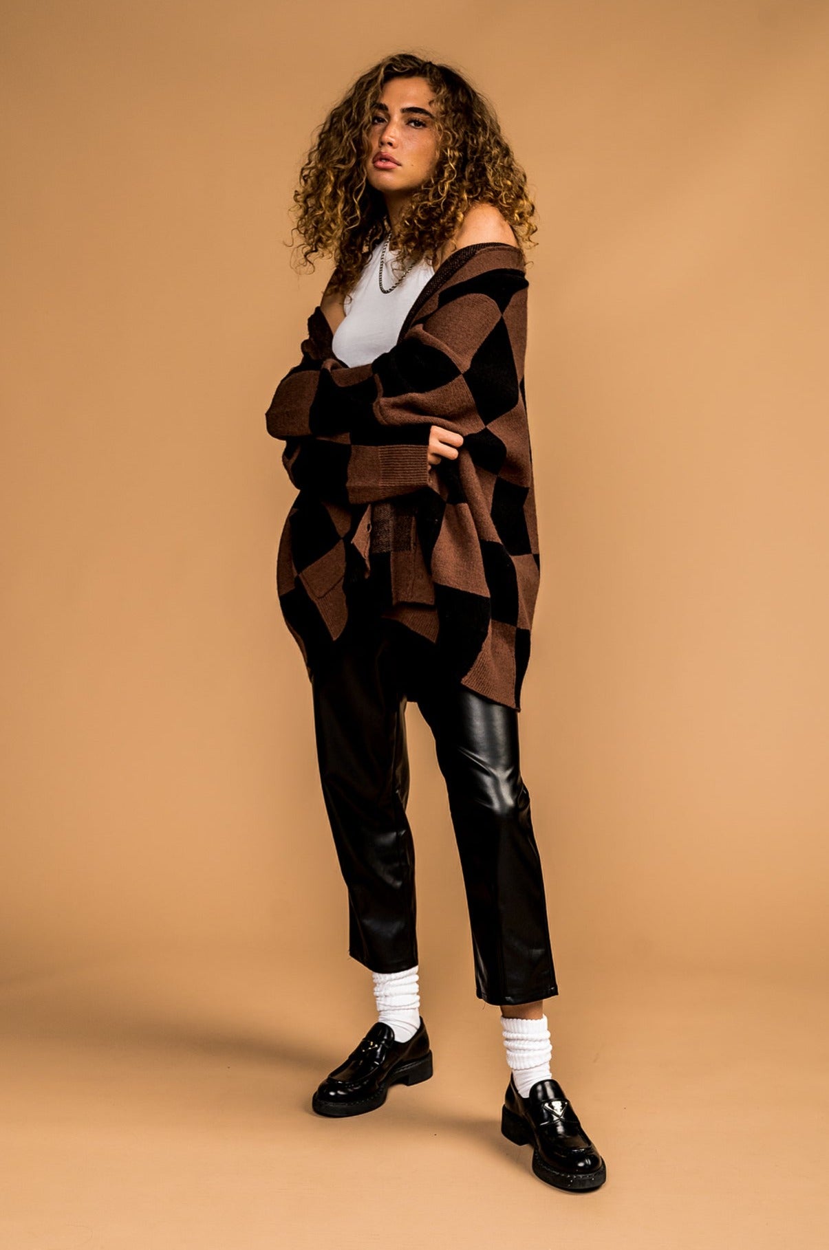 Love You Oversized Checkerboard Cardigan in Mocha + Black