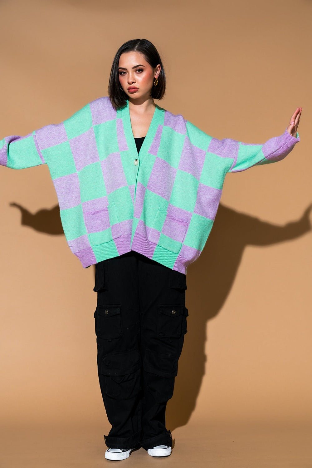 Love You Oversized Checkerboard Cardigan in Lilac + Mint