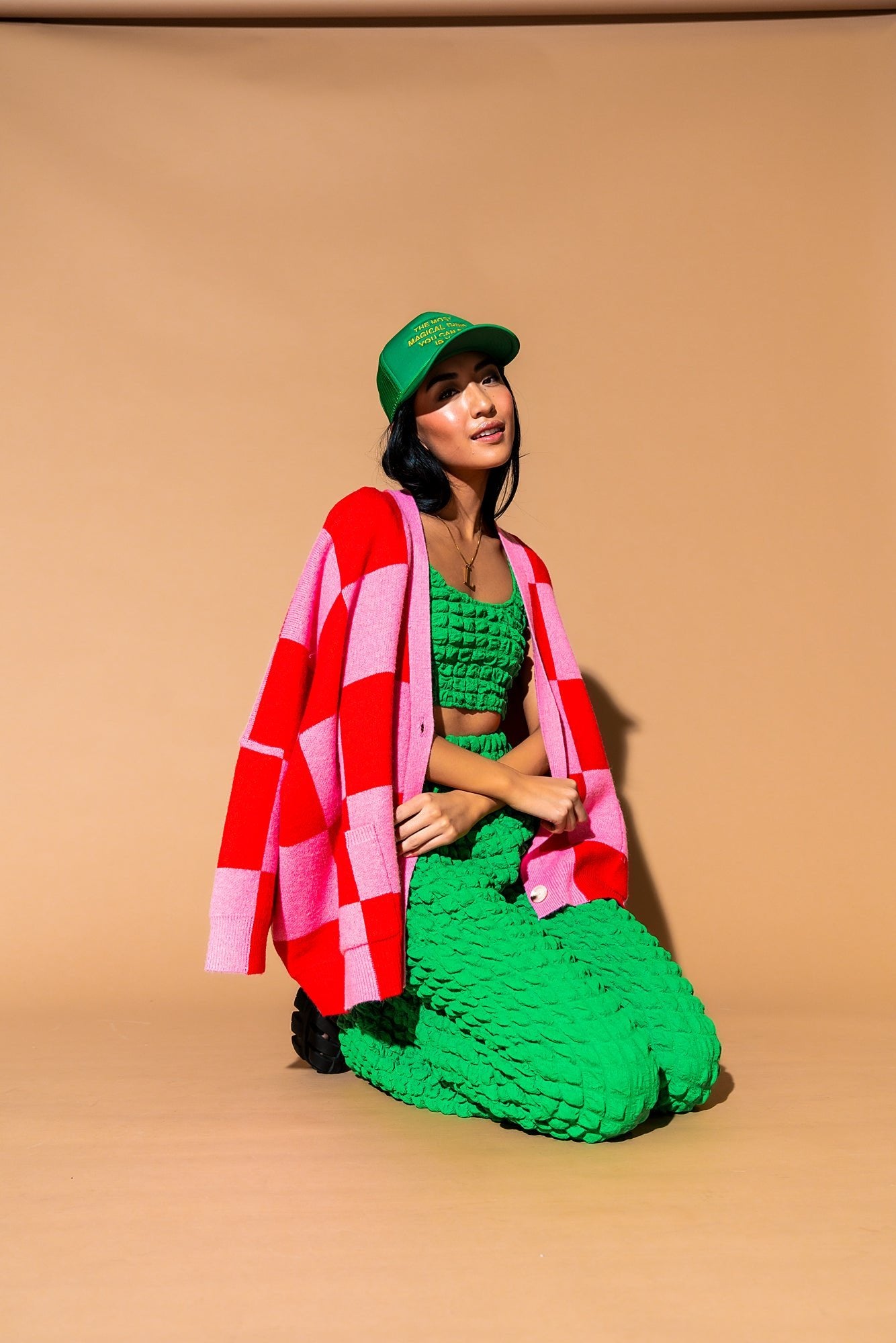 Love You Oversized Checkerboard Cardigan in Red + Pink