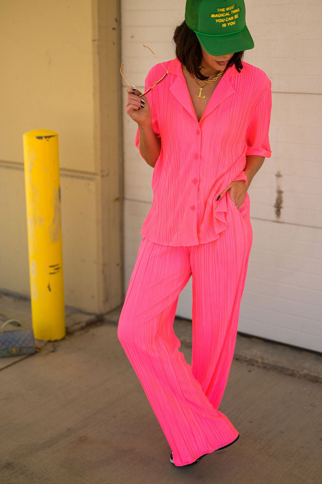 The World is Yours Plissé Set in Electric Pink