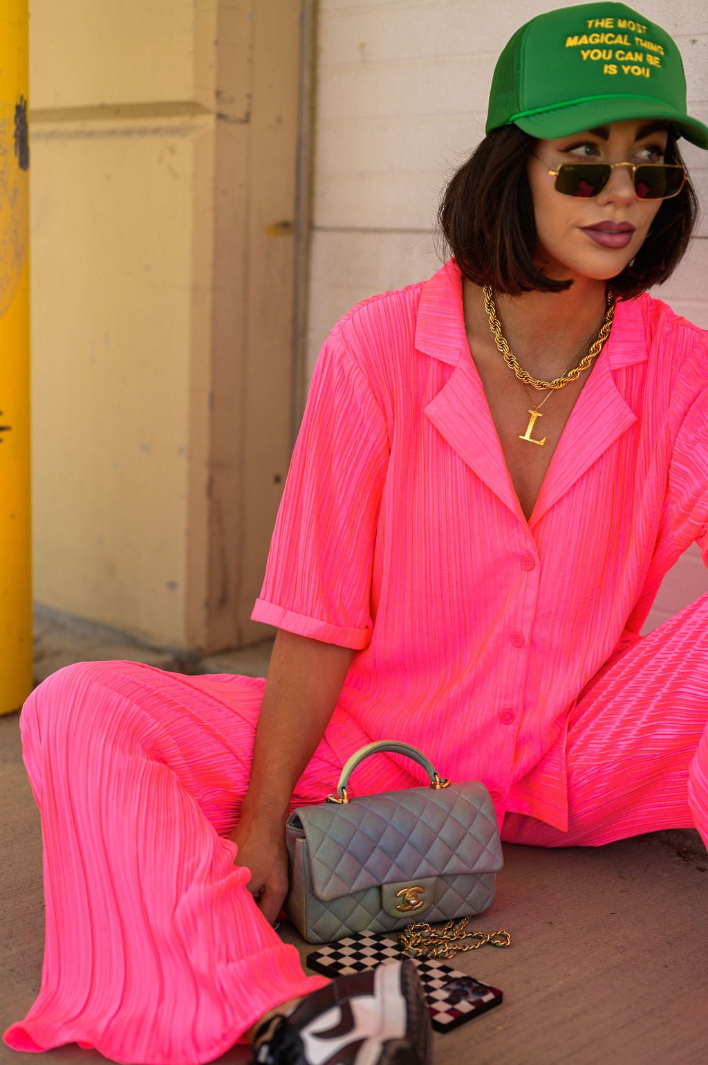 The World is Yours Plissé Set in Electric Pink