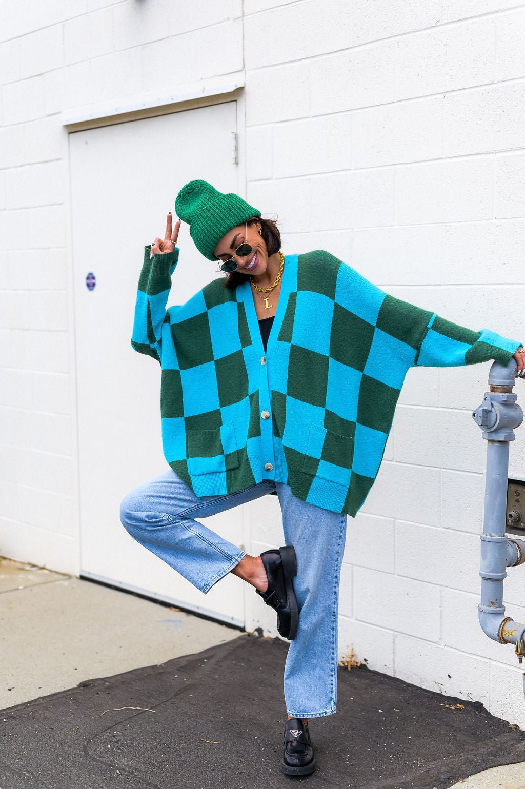 Love You Oversized Checkerboard Cardigan in Emerald + Sky *RESTOCKED*