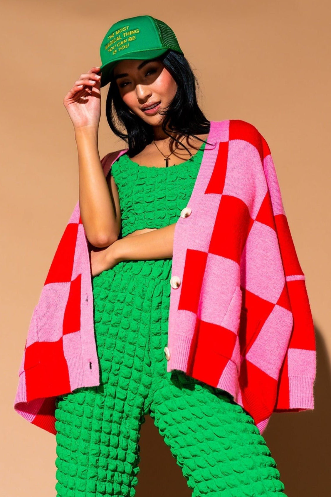 Love You Oversized Checkerboard Cardigan in Red + Pink