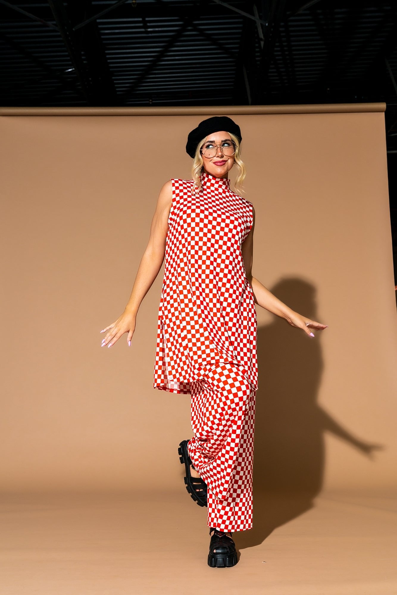 Gigi Sleeveless Ribbed Playsuit in Retro Red Check