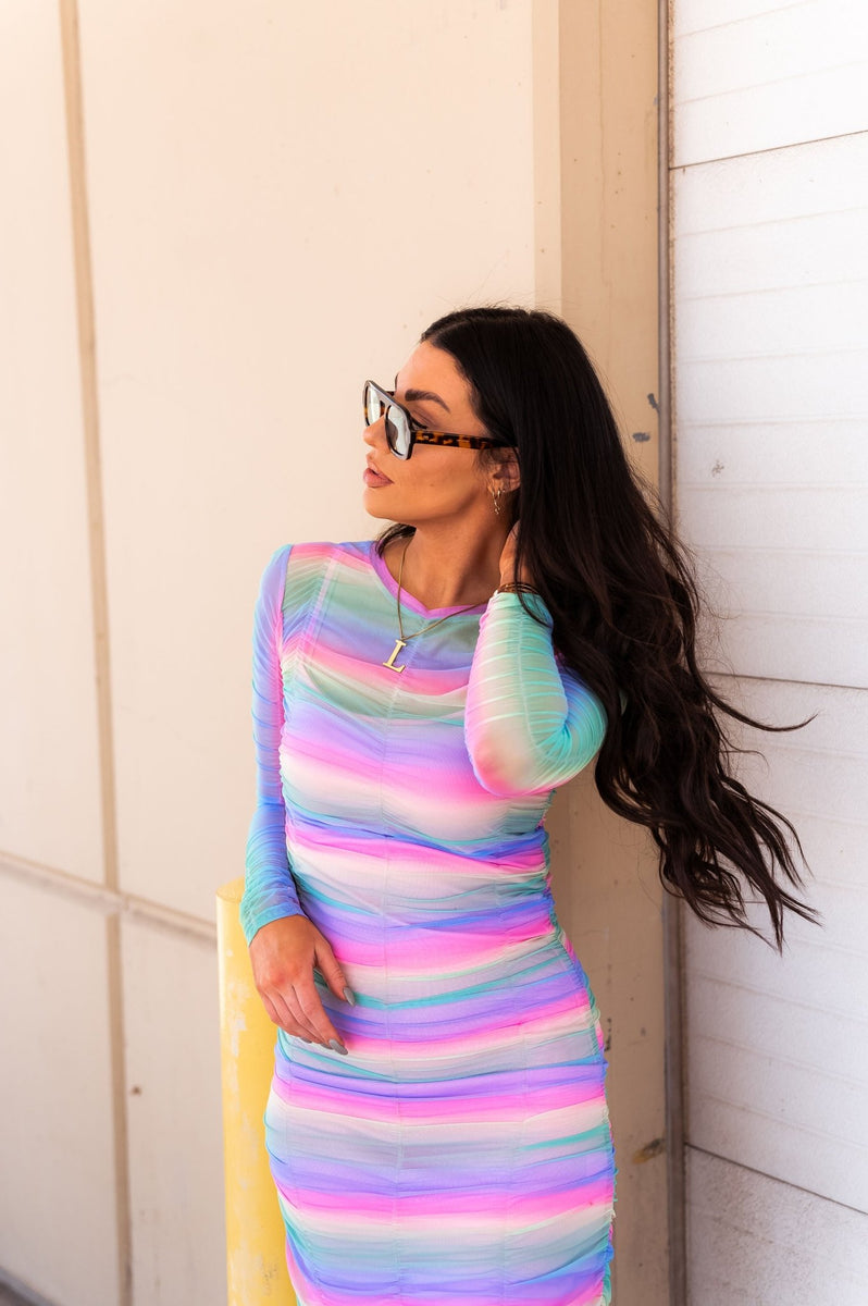 Queen of the World Ruched Mesh Dress + Slip in Candy Rainbow Dressed
