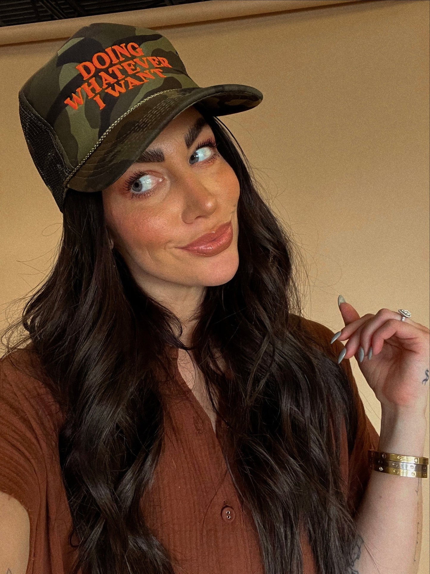 Doing Whatever I Want Embroidered Trucker Hat in Camo