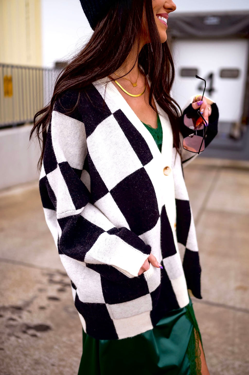 Love You Oversized Checkerboard Cardigan in Black + White
