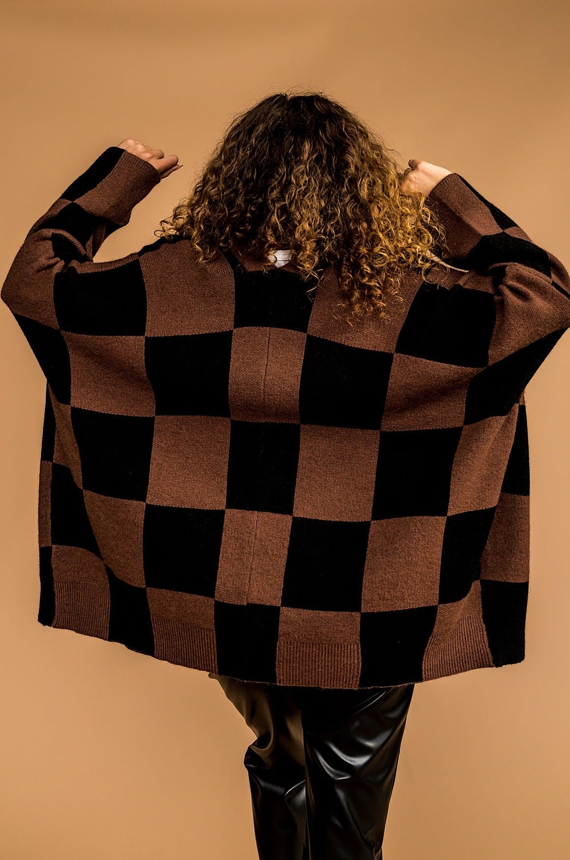 Love You Oversized Checkerboard Cardigan in Mocha + Black