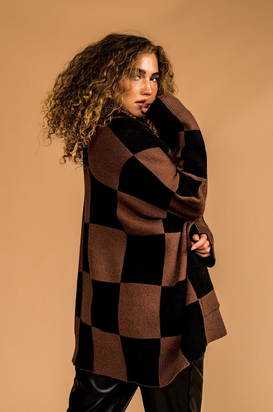 Love You Oversized Checkerboard Cardigan in Mocha + Black