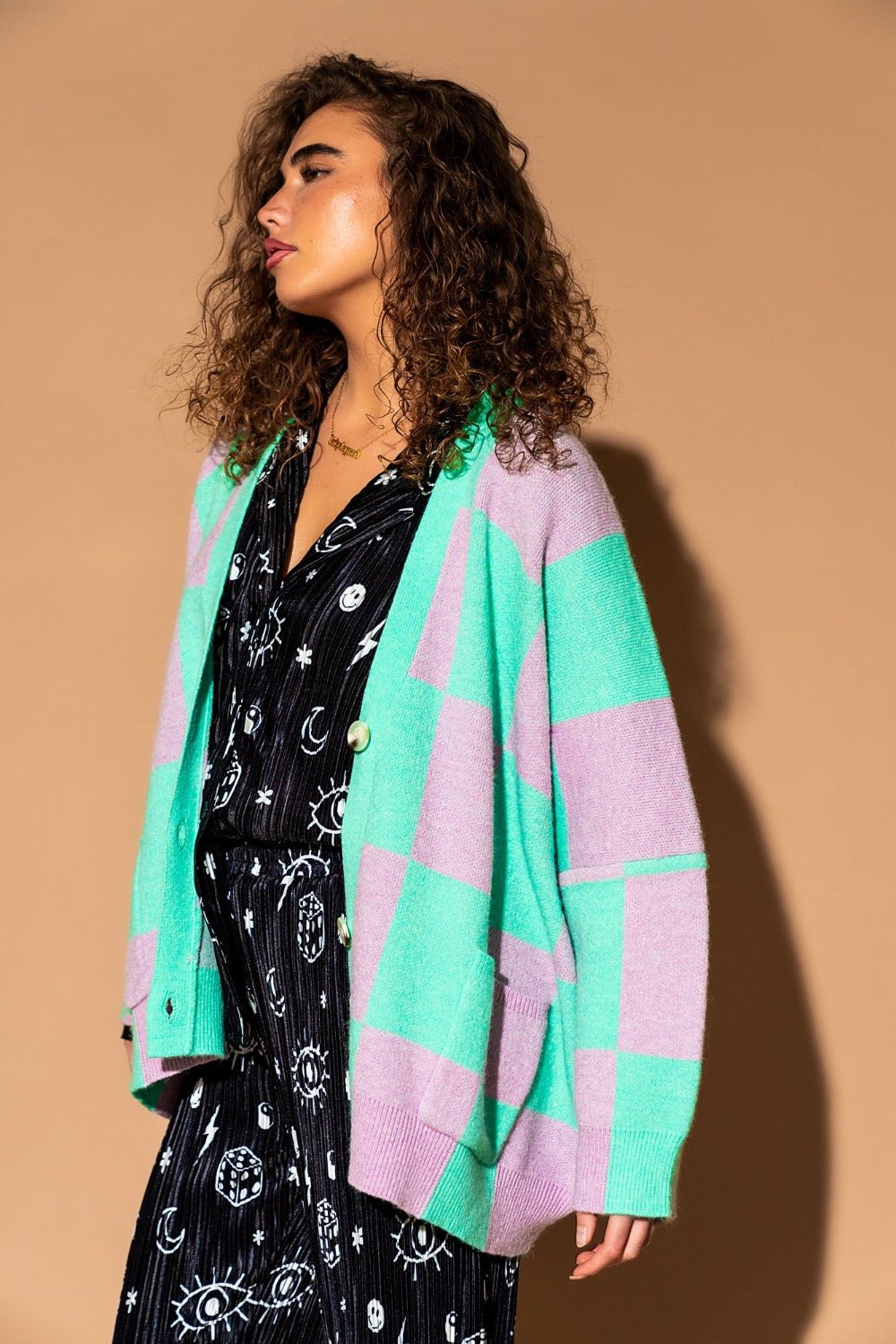 Love You Oversized Checkerboard Cardigan in Lilac + Mint