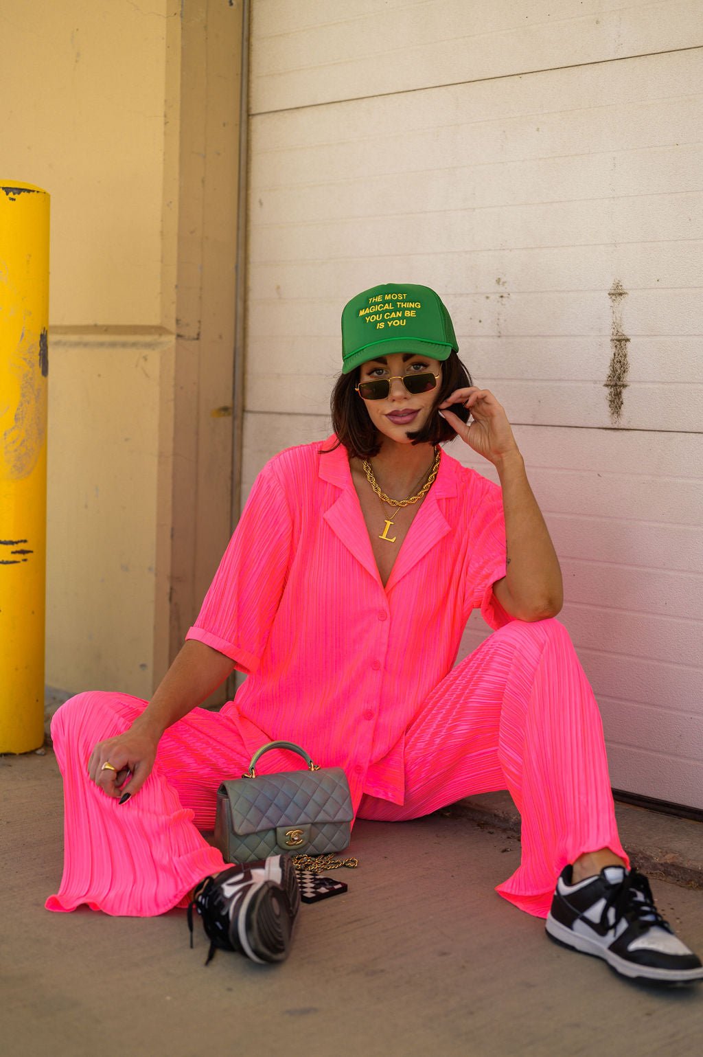The World is Yours Plissé Set in Electric Pink