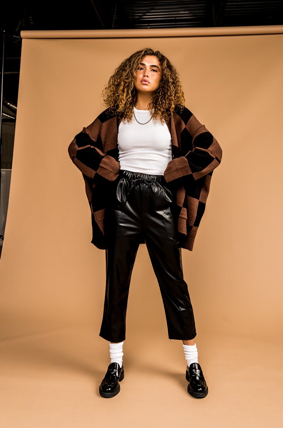 Love You Oversized Checkerboard Cardigan in Mocha + Black