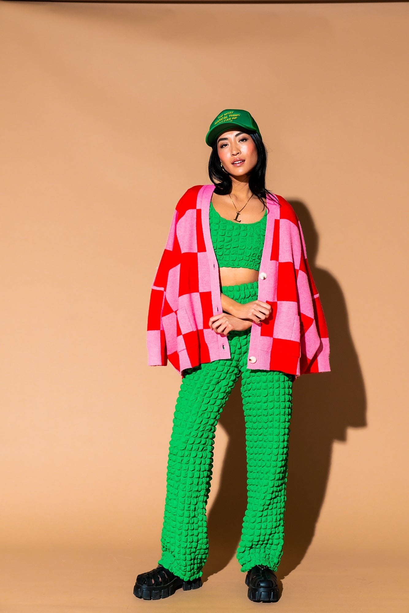 Love You Oversized Checkerboard Cardigan in Red + Pink