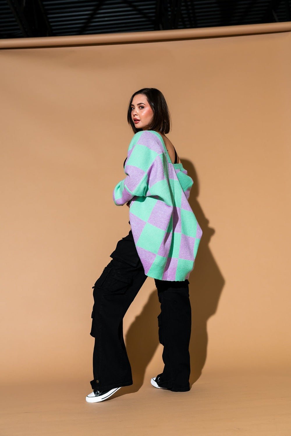 Love You Oversized Checkerboard Cardigan in Lilac + Mint