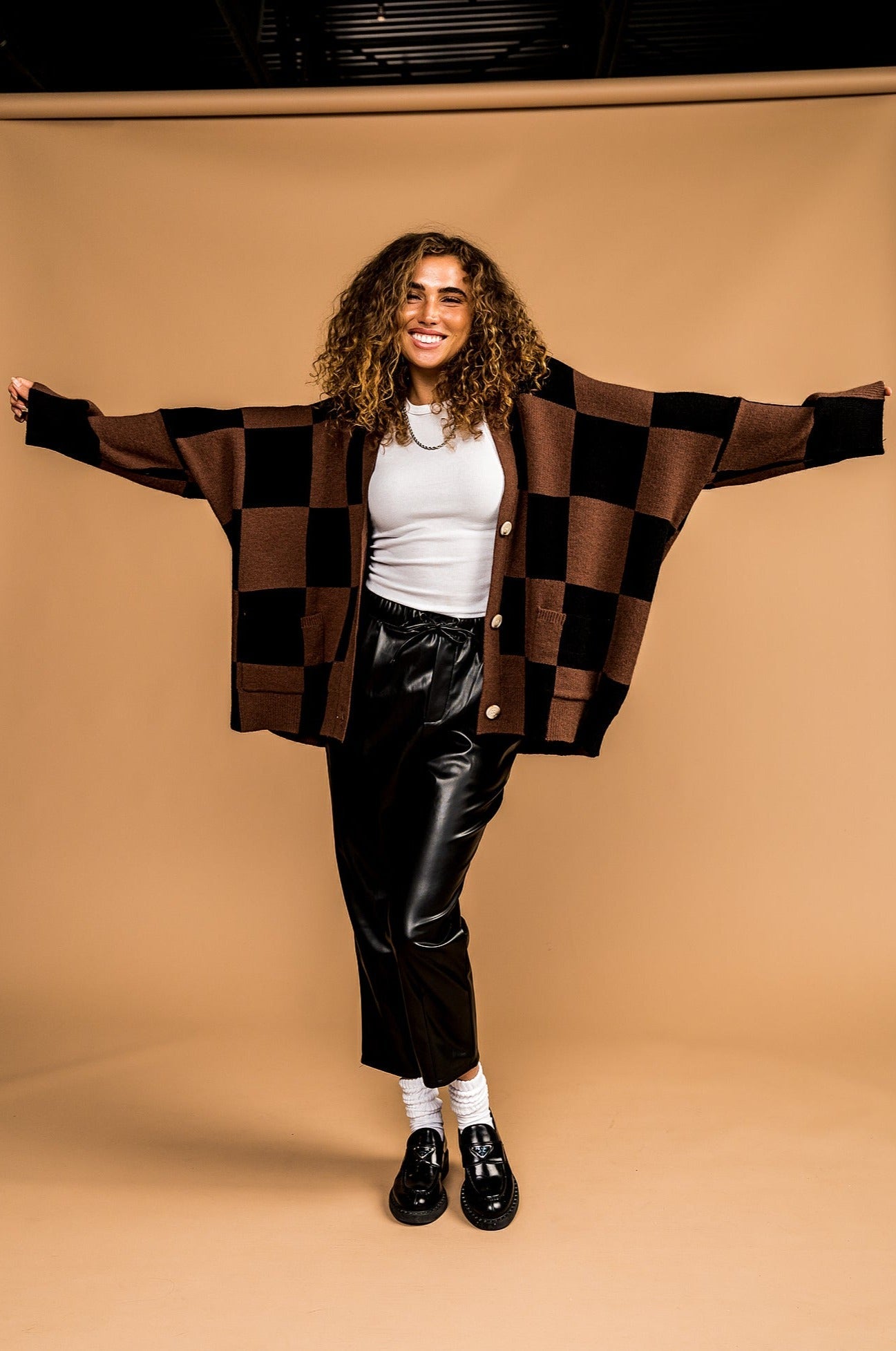 Love You Oversized Checkerboard Cardigan in Mocha + Black