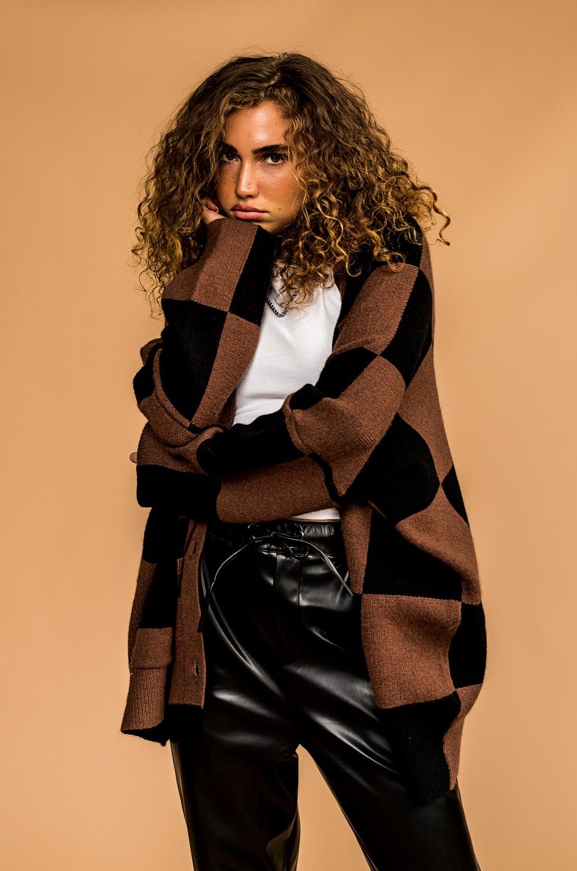 Love You Oversized Checkerboard Cardigan in Mocha + Black