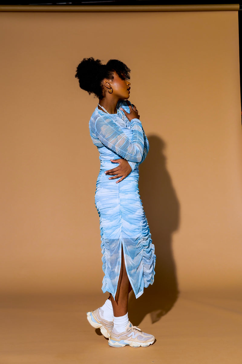 Queen of the World Ruched Mesh Dress + Slip in Cloud Dressed in Lala