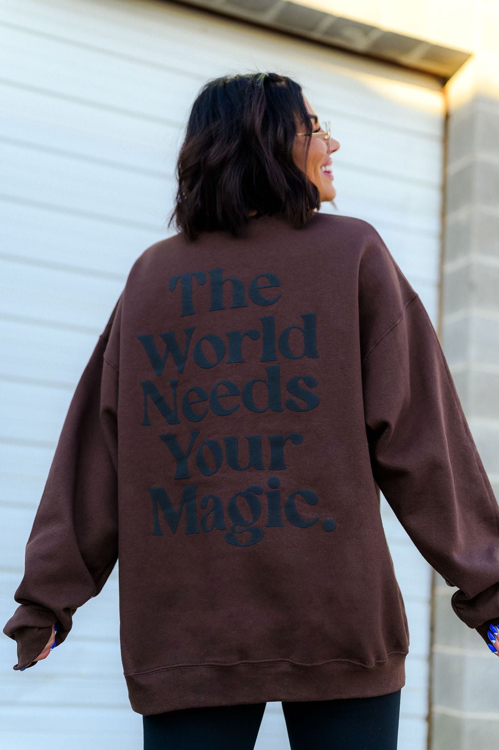 The World Needs Your Magic Puff Print Pullover in Mocha + Black