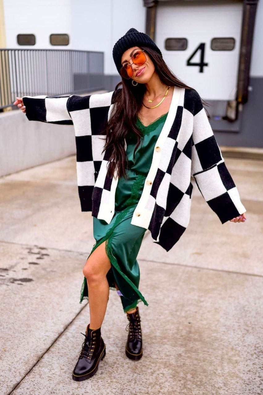 Love You Oversized Checkerboard Cardigan in Black + White