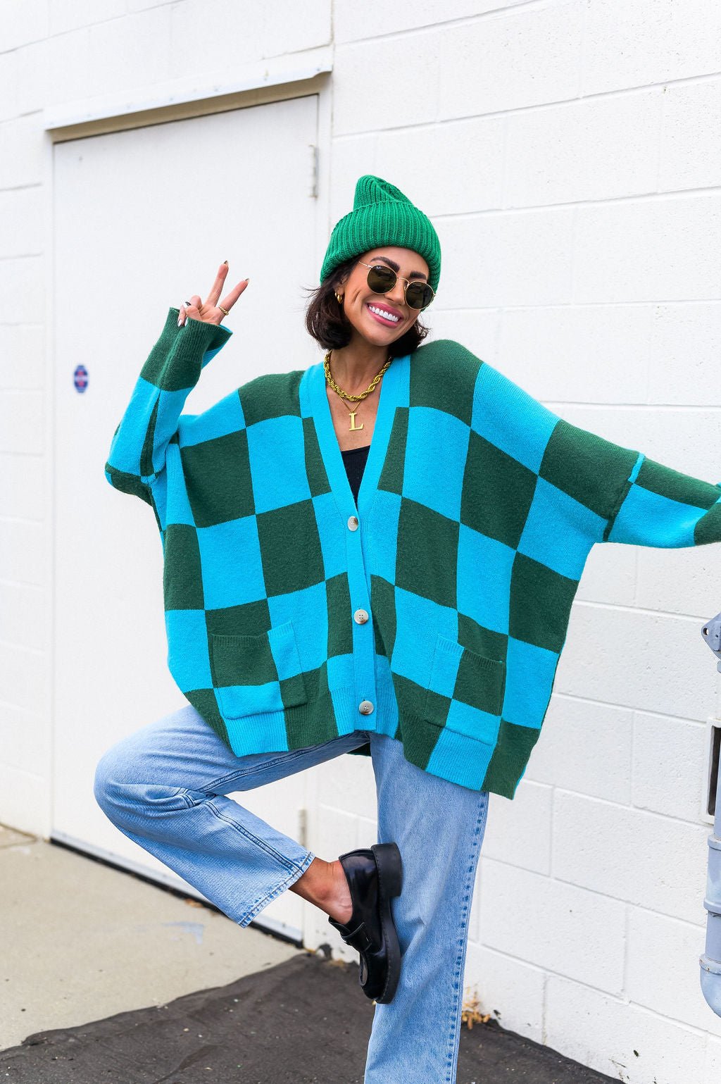 Love You Oversized Checkerboard Cardigan in Emerald + Sky *RESTOCKED*