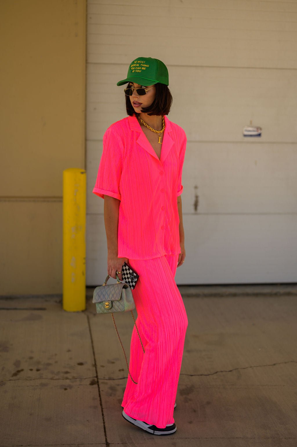 The World is Yours Plissé Set in Electric Pink