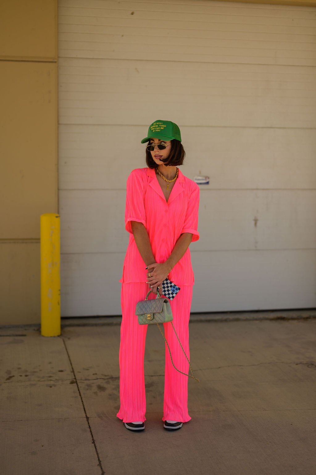 The World is Yours Plissé Set in Electric Pink