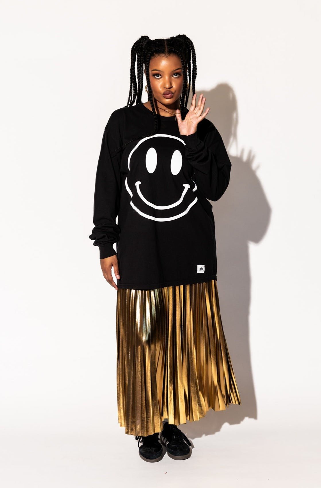 LALA LABEL: The World Needs Your Magic Groovy Oversized Long Sleeve Tee in Black + White - Dressed in Lala