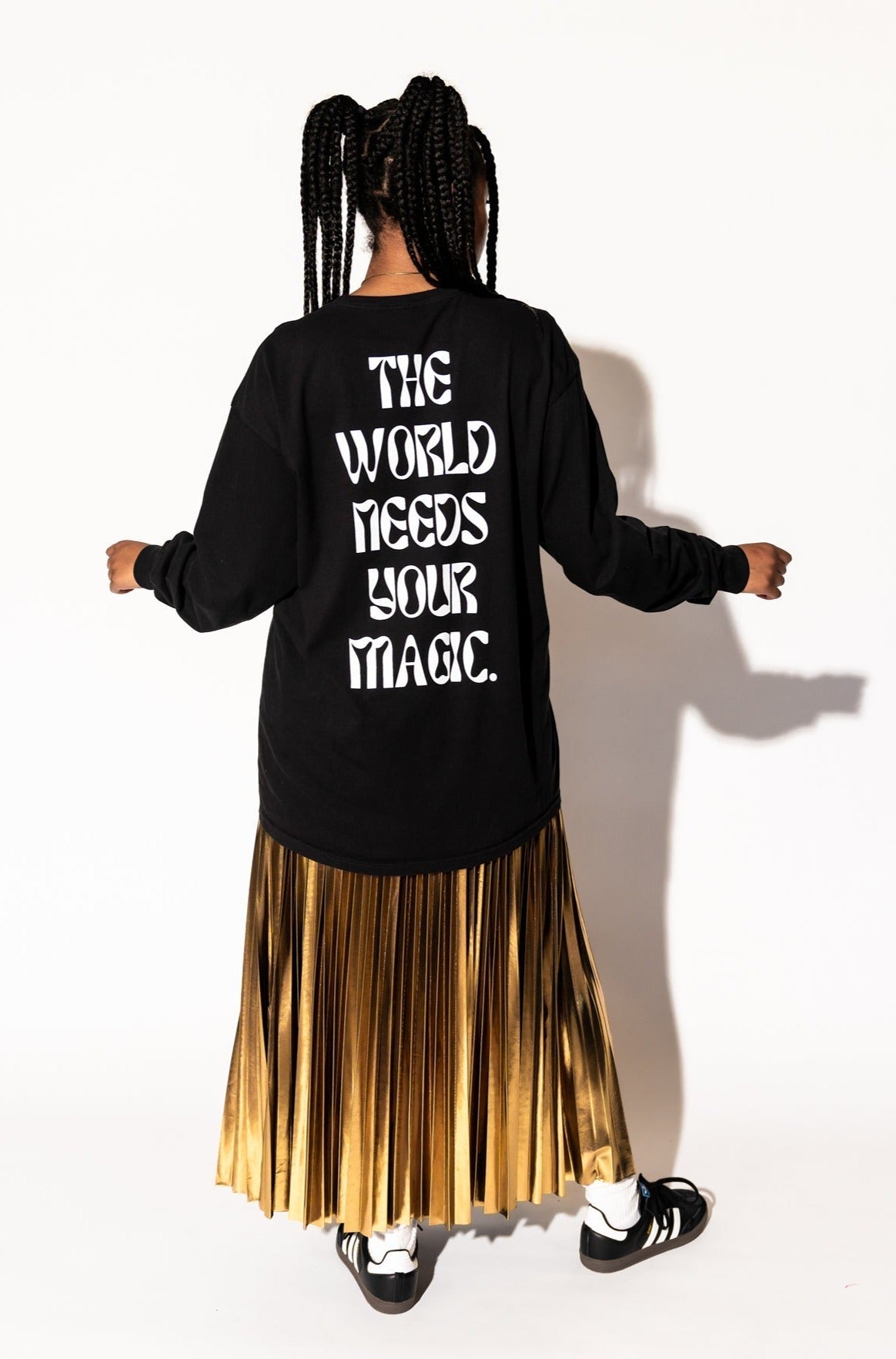 LALA LABEL: The World Needs Your Magic Groovy Oversized Long Sleeve Tee in Black + White - Dressed in Lala