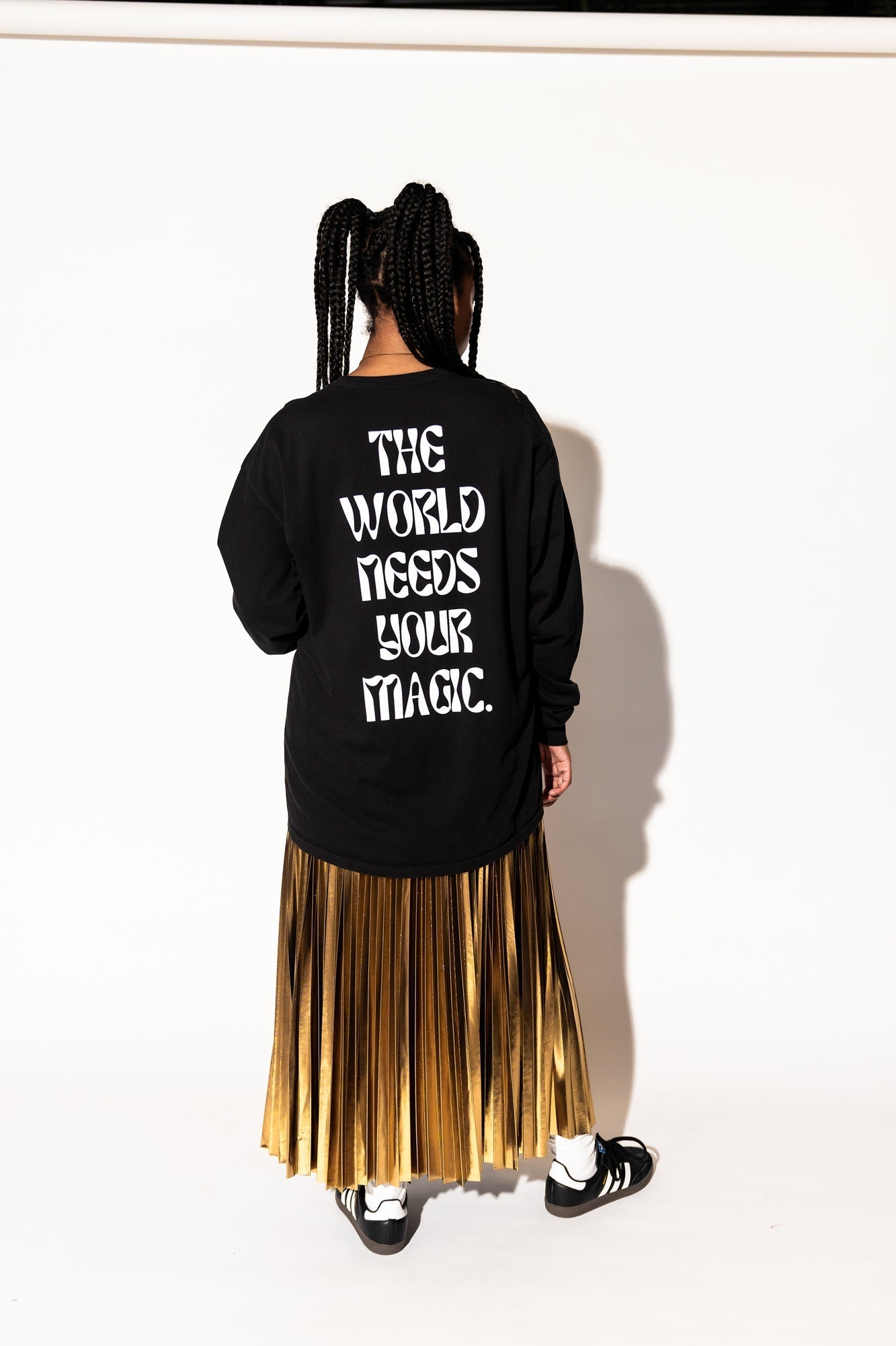 LALA LABEL: The World Needs Your Magic Groovy Oversized Long Sleeve Tee in Black + White - Dressed in Lala