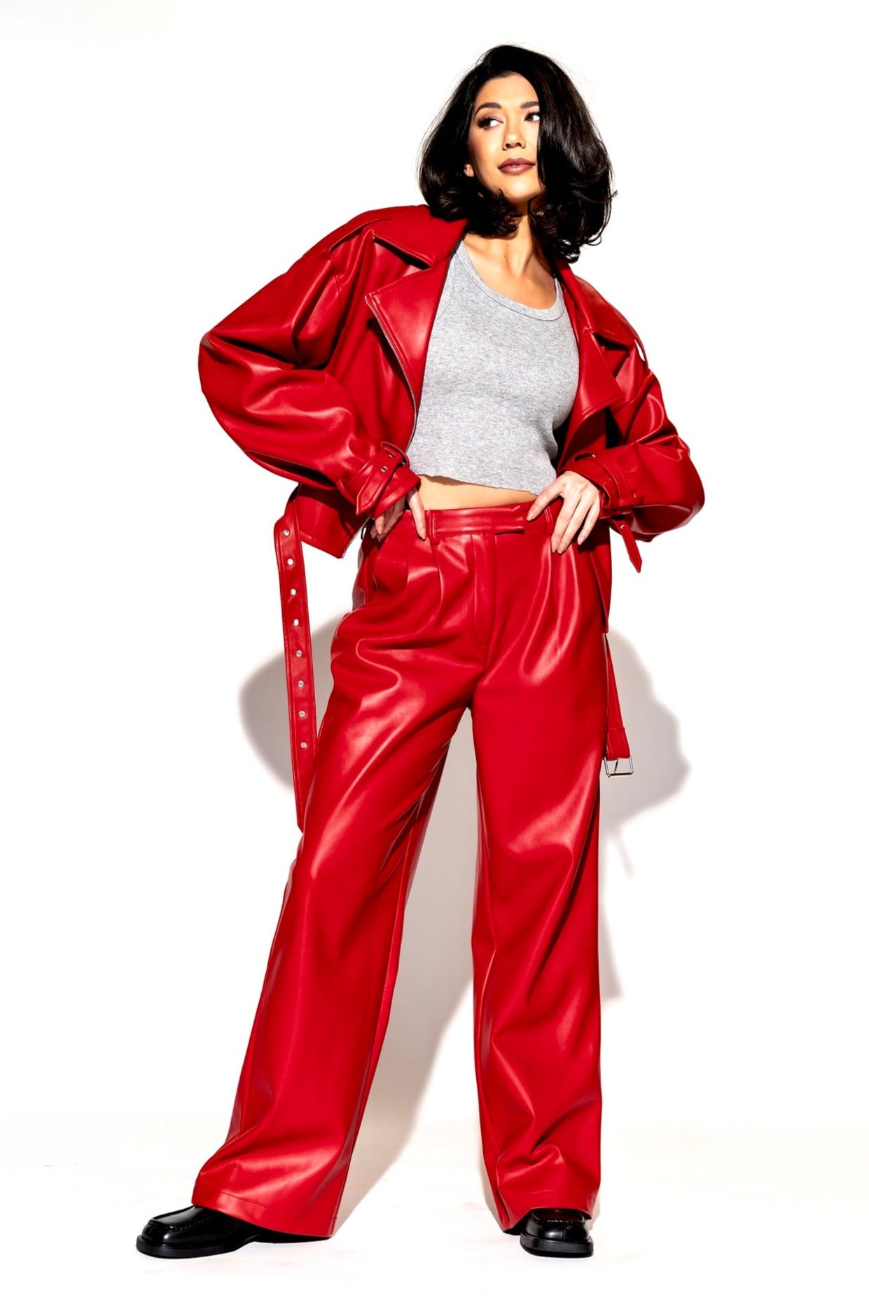 LALA ORIGINAL: Buttery Soft Vegan Leather Moto Jacket in Cherry Red - Dressed in Lala