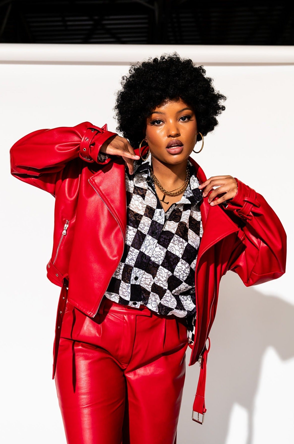 LALA ORIGINAL: Buttery Soft Vegan Leather Moto Jacket in Cherry Red - Dressed in Lala