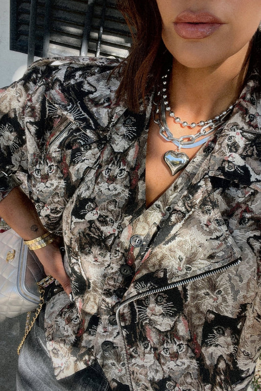 LALA ORIGINAL: Crazy Cat Lady Jacquard Moto Jacket *SHIPPING STARTS 10/31/23* - Dressed in Lala