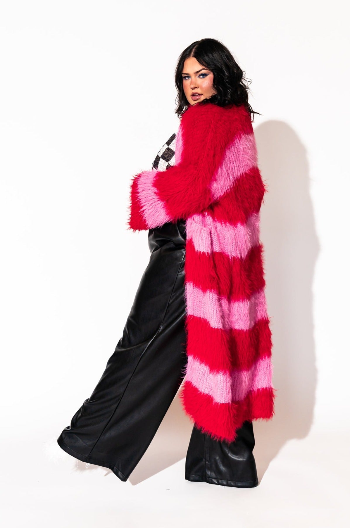 LALA ORIGINAL: I Love Me Longline Fuzzy Cardigan in Pink + Red - Dressed in Lala
