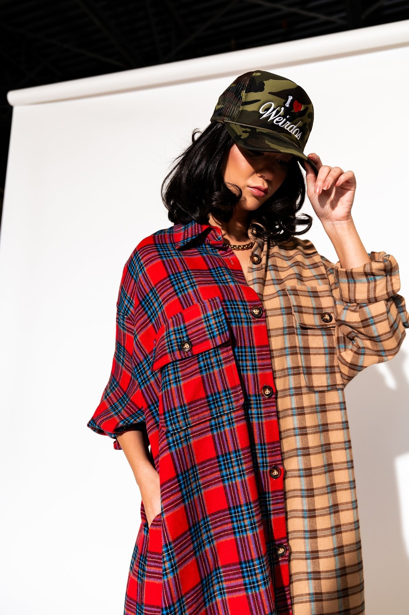 LALA ORIGINAL: I Love Weirdos Embroidered Trucker Hat in Camo - Dressed in Lala