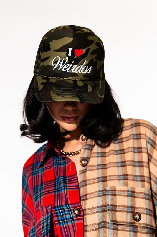 LALA ORIGINAL: I Love Weirdos Embroidered Trucker Hat in Camo - Dressed in Lala