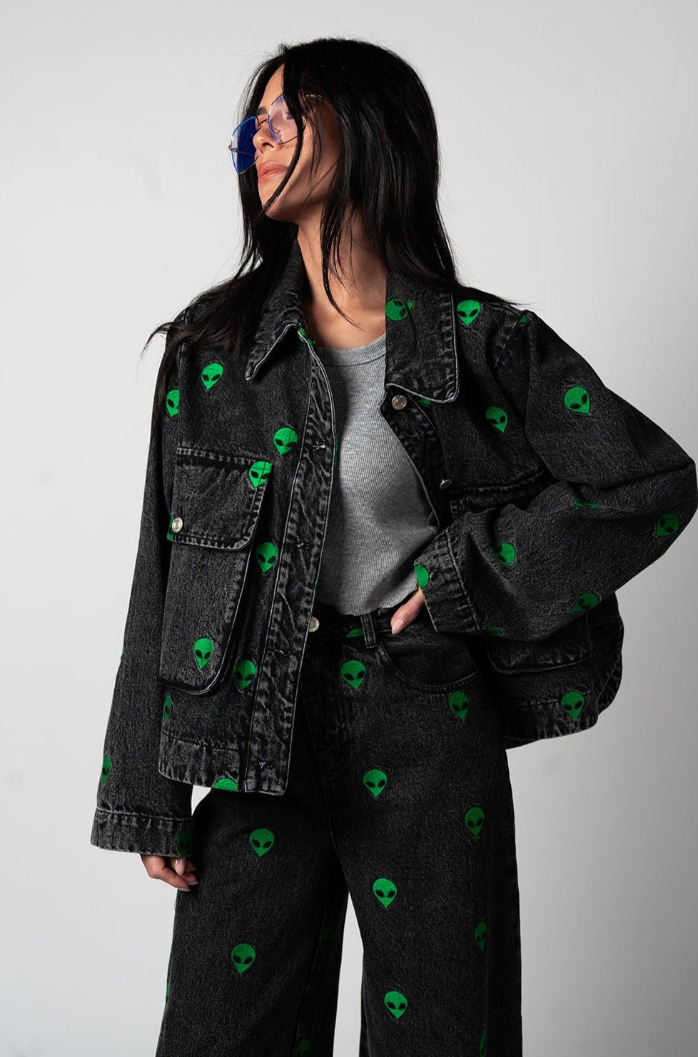 LALA ORIGINAL: I Need Space Embroidered Alien Denim Jacket - Dressed in Lala