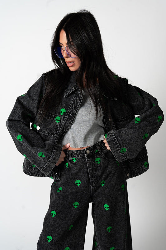 LALA ORIGINAL: I Need Space Embroidered Alien Denim Jacket - Dressed in Lala