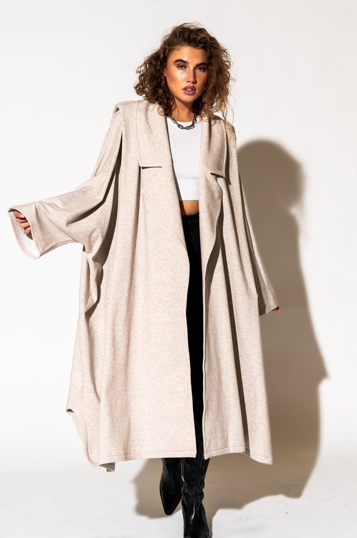 LALA ORIGINAL: Icon Status Drape Cape in Oatmeal - Dressed in Lala