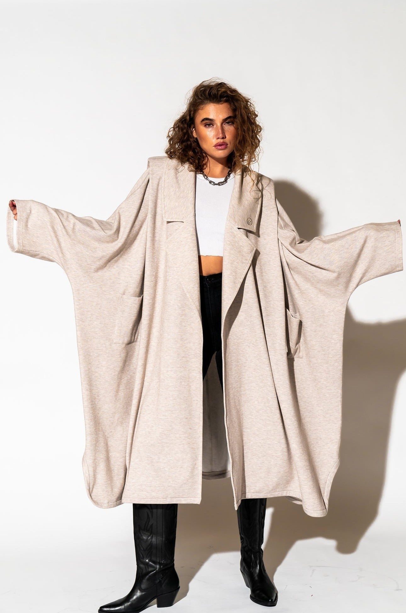 LALA ORIGINAL: Icon Status Drape Cape in Oatmeal - Dressed in Lala
