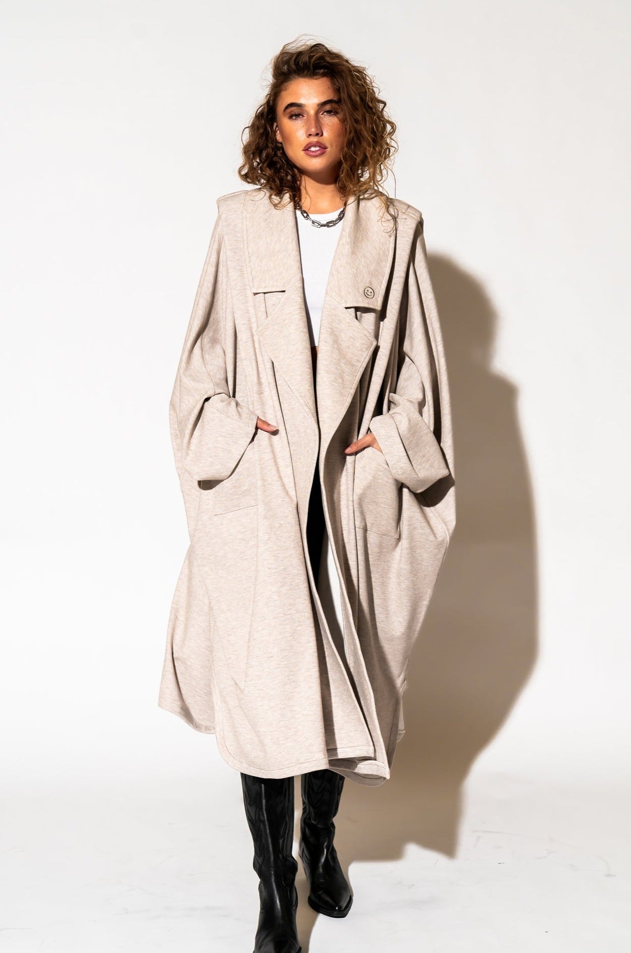 LALA ORIGINAL: Icon Status Drape Cape in Oatmeal - Dressed in Lala