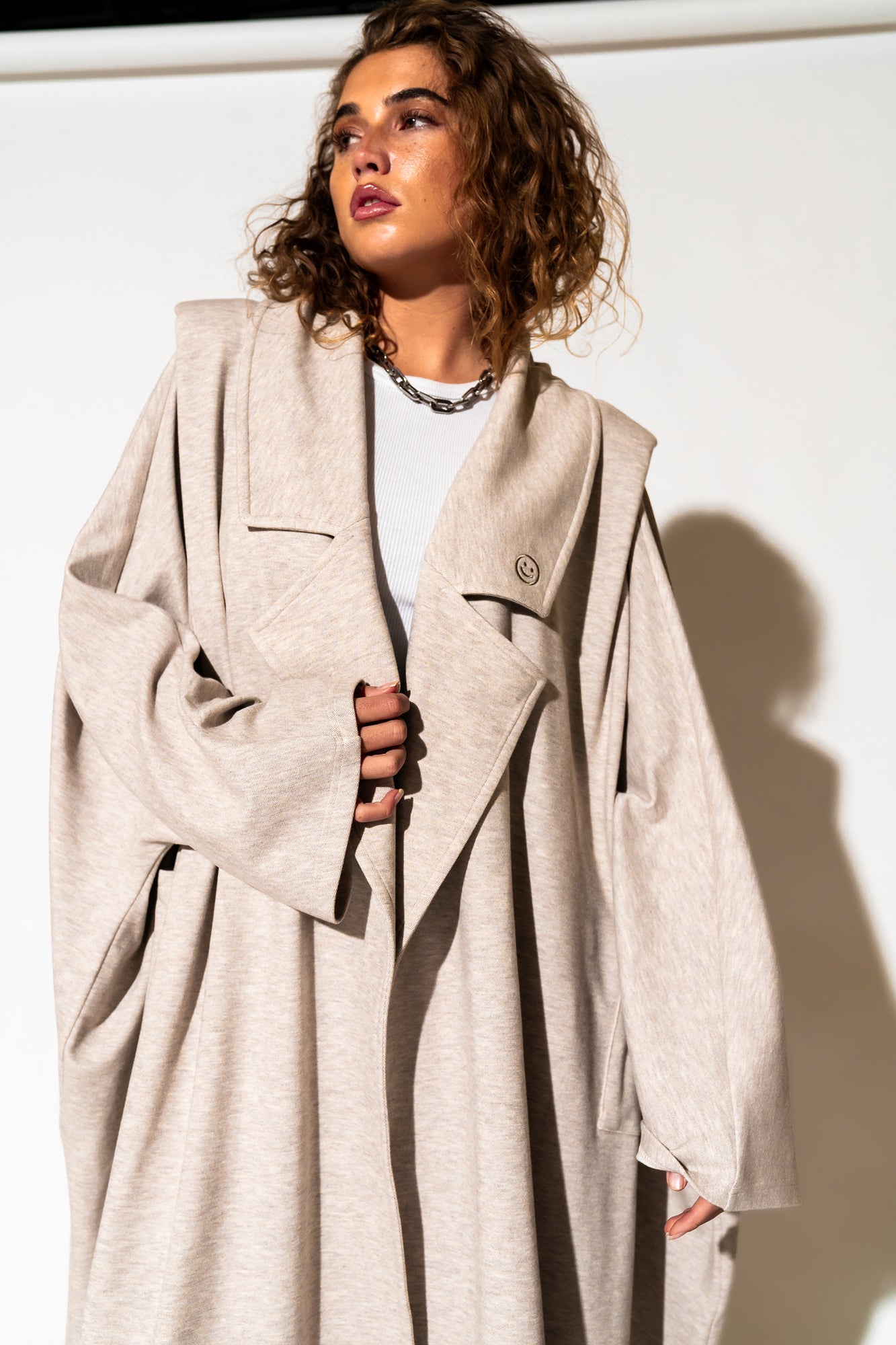 LALA ORIGINAL: Icon Status Drape Cape in Oatmeal - Dressed in Lala