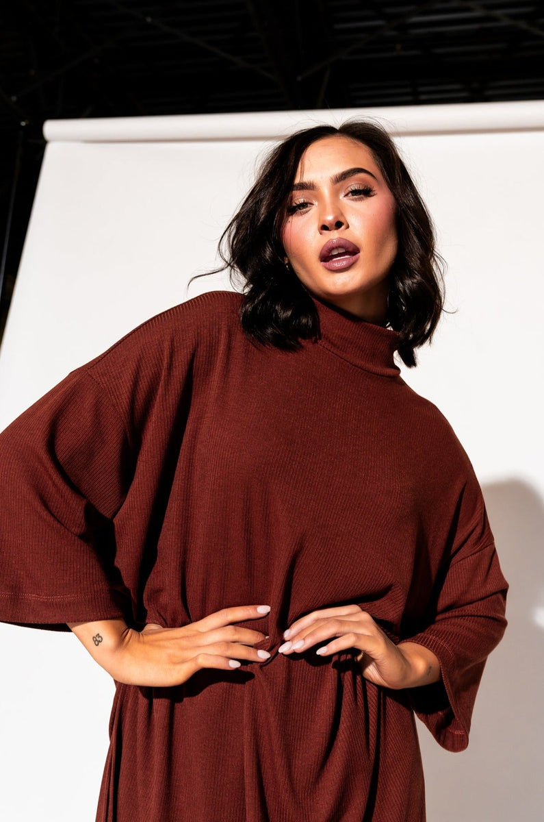 Lala Icon Mock Neck Top in Cinnamon Dressed in Lala